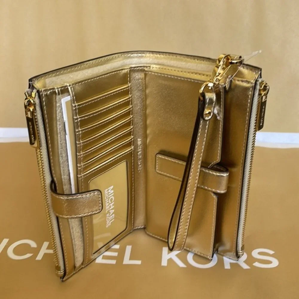 Michael Kors Jet Set Travel Large Double Zip Wristlet Wallet Pale Gold